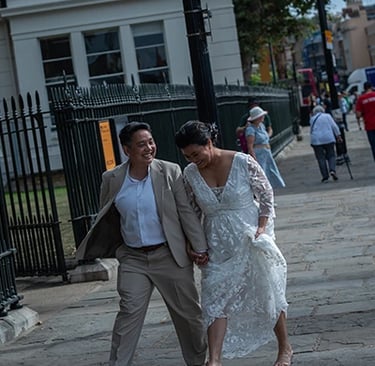 Newley-weds walking around the streets of Greenwich