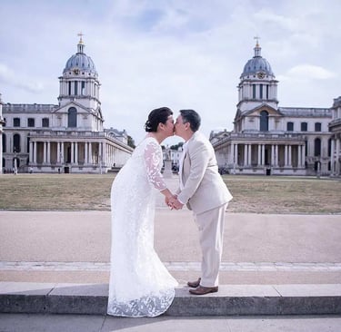 wedding couple standing in the grounds of the royal naval college greenwich