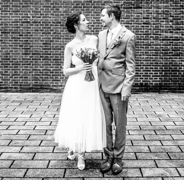 Ben and Patricia in the grounds of Lambeth Town Hall after their wedding ceremony