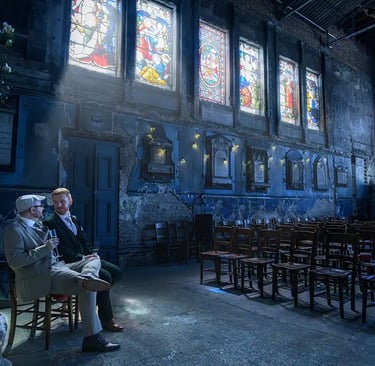 same-sex couple taking a moment to relax after their wedding at The Asylum Chapel Peckham