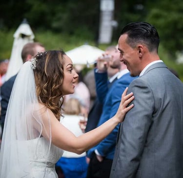 a bride chatting to one of her wedding guests