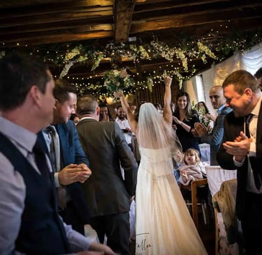 a bride and groom are celebrating their wedding day