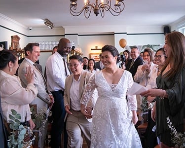 wedding couple arriving at their ceremony at The Admiral Hardy Greenwich