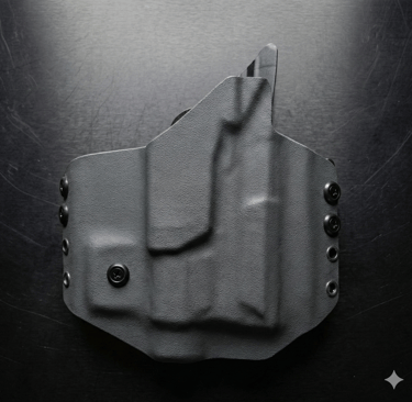 Custom black Kydex pancake holster with mounting hardware for concealed carry on a dark background.