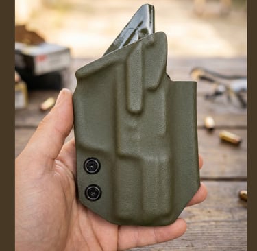 Hand holding an olive drab Kydex IWB holster for concealed carry over a wooden workbench with ammo.