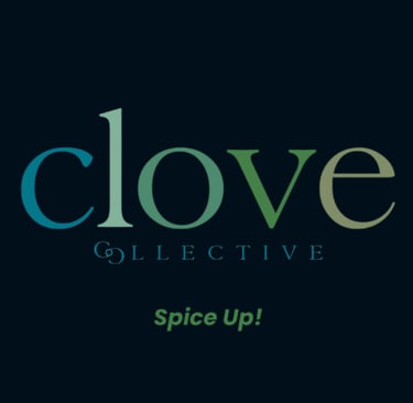 Clove Collective logo in teal and green typography on a dark background with the tagline Spice Up.
