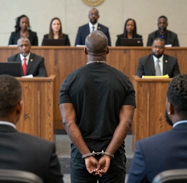 Handcuffed defendant in a courtroom hearing with legal counsel and jury in the background.