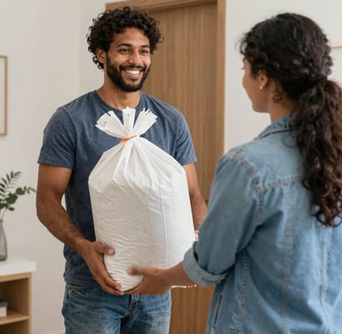 Friendly delivery person handing over a bag of ice outside a local restaurant.