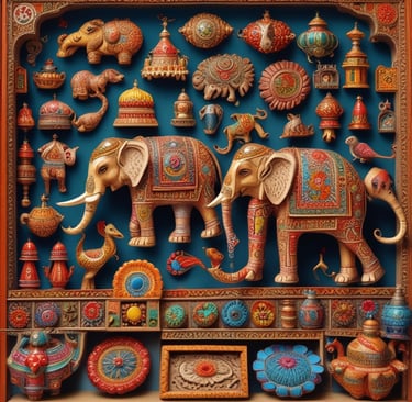 Intricately carved wooden statues and traditional Indian handicrafts arranged on a rustic table.