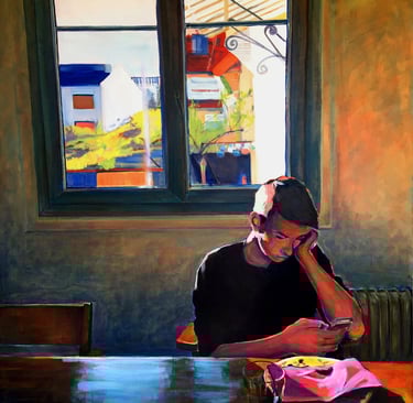 Keiran in Paris, 55" x 65" Acrylic on canvas, 2018