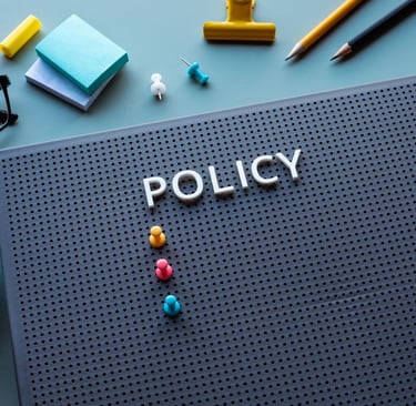 A perforated board with the word "POLICY" in white letters, colorful push pins below