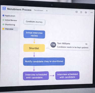 A laptop screen displaying a recruitment process map.