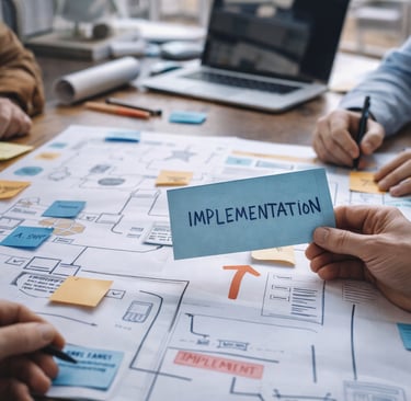 A business team planning project implementation strategy using flowcharts and sticky notes.