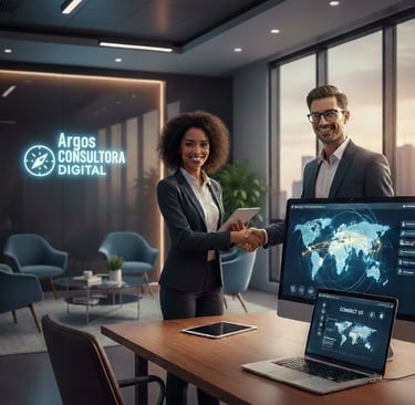 Reunião estratégica na Argos Consultoria Digital para escala de negócios e performance