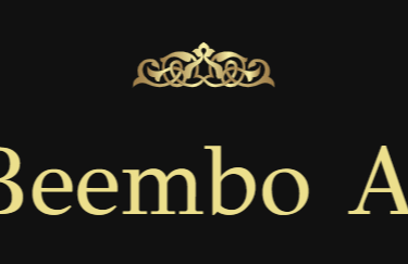 Beembo Ai logo with elegant gold serif typography and an ornate scroll flourish on a black background.