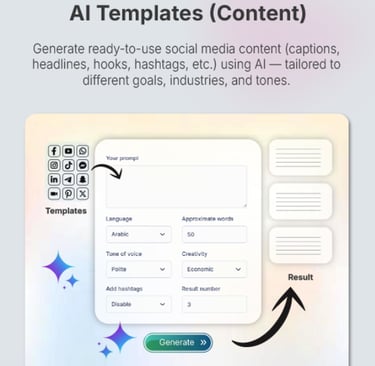 User interface for generating AI social media content including captions, hashtags, and headlines.