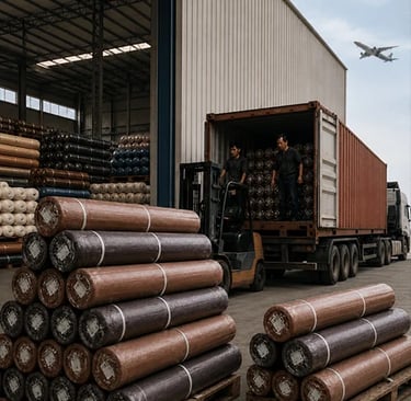 Inside a logistics warehouse, SY Leather workers are using forklifts to load rolls of industrial fabric into containers.