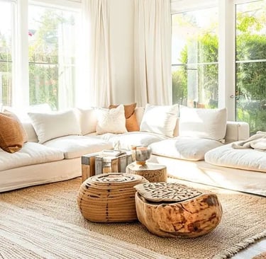 Bright boho living room with a white sectional sofa, jute rug, and rustic wooden coffee tables.