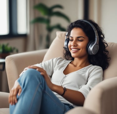 A calm client sitting comfortably with headphones during an online hypnotherapy session.