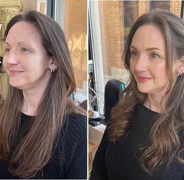 Before and after picture of a makeup makeover client