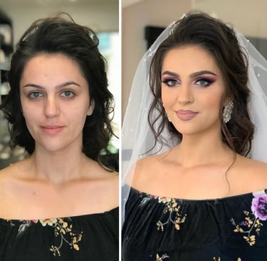 Before and after picture of a  bridal makeup makeover client