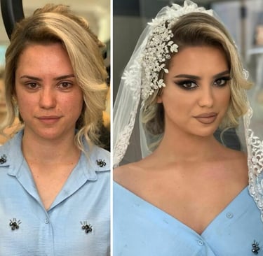 Before and after picture of a  bridal makeup makeover client