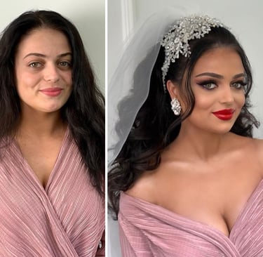Before and after picture of a  bridal makeup makeover client