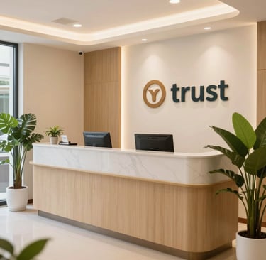 A bright photography shot of a modern, warm clinic interior in Indonesia with a clean reception desk, soft green plants, and professional signage, emphasizing trust and cleanliness.