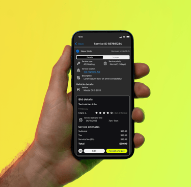 Hand holding a smartphone displaying mobile app for booking auto repair and technician service bids.