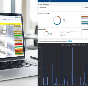 Laptop screen showing a lead tracking spreadsheet and LinkedIn growth analytics.