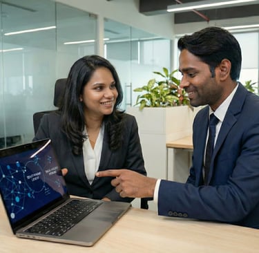 Two professionals discussing LinkedIn strategy using a laptop in an office setting