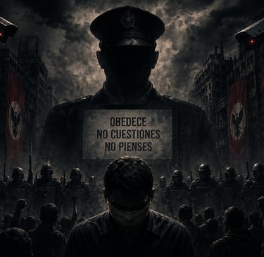 Dystopian digital art featuring a shadowy dictator, riot police, and red eagle banners in a dark city.