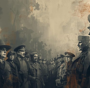 Vintage-style digital art of military officers in uniform standing in a cinematic, moody scene.