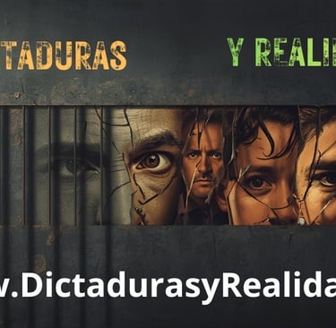 Dictaduras y Realidad banner featuring intense faces behind bars and broken glass shards.