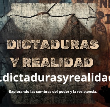 Dictaduras y Realidad banner with raised fists and text exploring power and resistance.