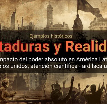 Historical collage of Latin American dictatorships featuring protest crowds and political leaders.