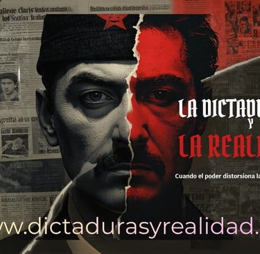 Split portrait of a dictator and commoner titled La Dictadura y La Realidad against a vintage newspaper backdrop.
