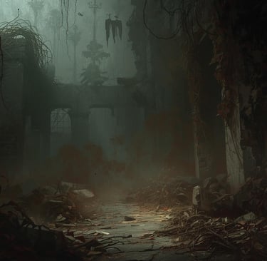 Eerie post-apocalyptic ruins with overgrown vines and red foliage in a dark, foggy hallway.