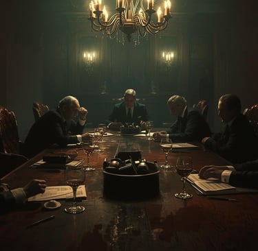 Men in suits gather for a secret meeting around a dark wooden table in a dimly lit gothic boardroom.