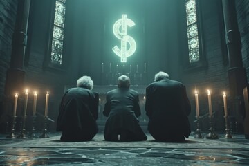 Three men kneeling in a dark gothic church before a glowing neon dollar sign on a religious altar.