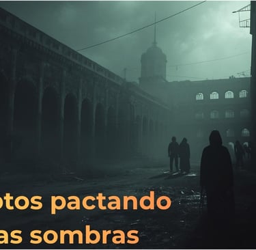 Dark cinematic scene of hooded figures in a foggy alley with Corruptos pactando en las sombras text.