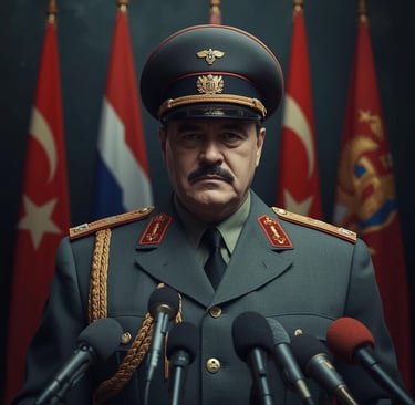 Military officer in formal uniform with gold epaulettes giving a press conference speech.