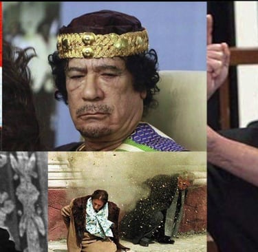 Photo collage of historical dictators including Muammar Gaddafi, Saddam Hussein, and Benito Mussolini.
