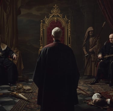 Cinematic scene of a royal council meeting in a dark chamber with a golden throne and fallen figures.