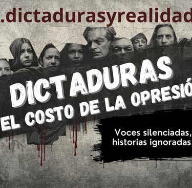 Poster for Dictaduras: El Costo de la Opresión featuring black and white portraits of silenced voices.