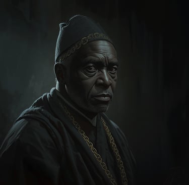 Cinematic portrait of an elderly African man in dark traditional robes with a gold chain.