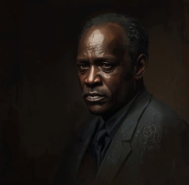 Dramatic oil painting portrait of an elderly Black man in a dark suit with moody lighting.