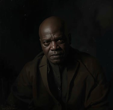 Dramatic low-light portrait of Samuel L. Jackson wearing a dark jacket against a black background.