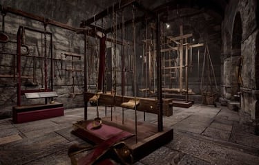 Medieval torture chamber display with wooden rack and stone wall interior.