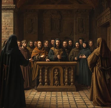 Medieval monks and villagers gathered around an ornate stone altar in a gothic monastery church.